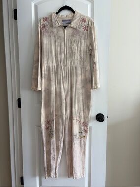 Urban Outfitters Cream Floral Embroidered Long-Sleeve Jumpsuit